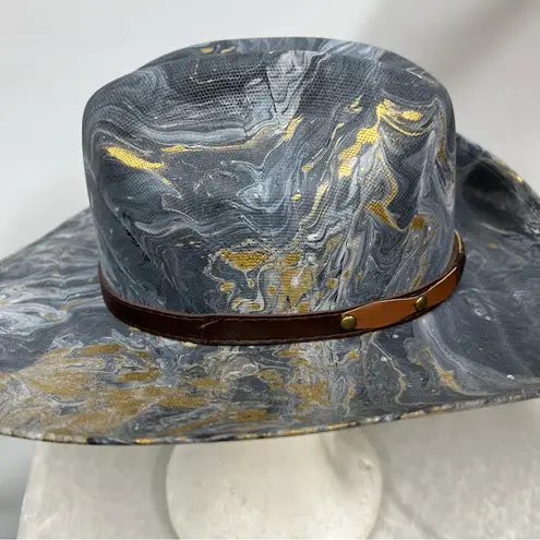 Distressed marble gold glazed Cowboy Hat w/Brown Leather Star concho Band unisex Blue Size M