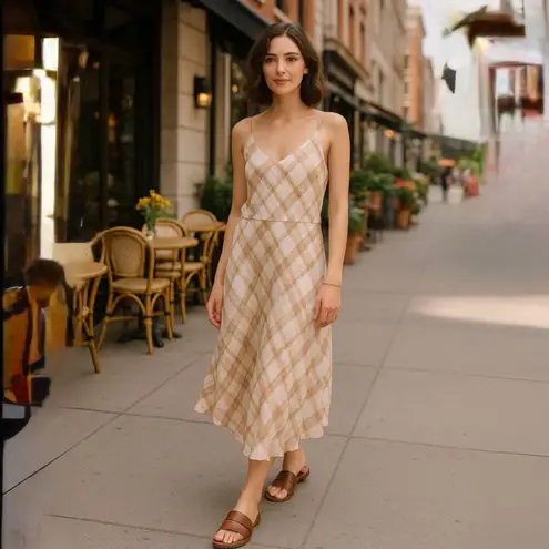 Elie Tahari Elie by Tan Plaid Spaghetti Strap Bias-Cut Midi Slip Dress Sz S🧡