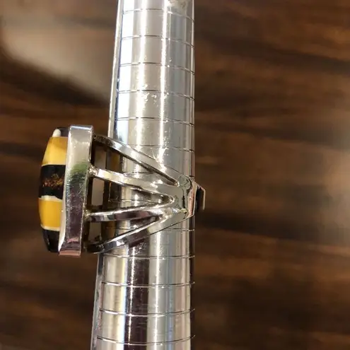 Artisan Sterling Silver Striped Bezel Set Maple & Honey Colored Amber Ring Sz 7