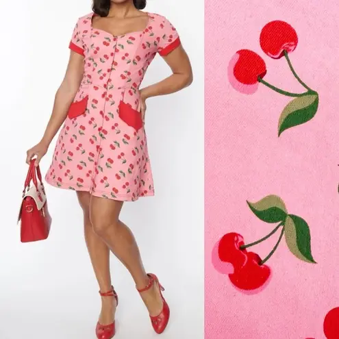 Unique Vintage New Retro Cherry Print Button Front Mini Fit Flare Dress Pink Red