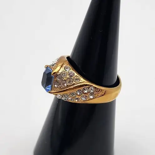 Vintage DAC Gold Tone, Blue Crystal, & Clear CZ Ring (7.5) Blue