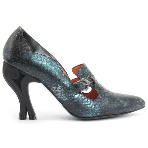 John Fluevog NWOT Leather Linda Clayton Heels Blue Snake Size 9.5 Retail $495.00