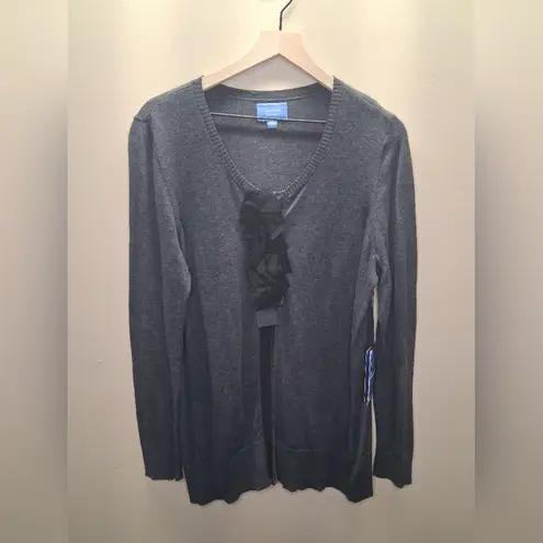 Vera Wang NEW Gray Cardigan with Black Ruffle Detail SZ-XL  60% COTTON