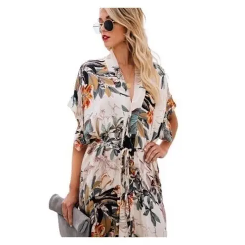 Tropical Floral Kimono Dress NWT Tie Waist Summer Boho Lightweight Cover Up White Size M