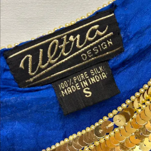 Boutique Vintage Dress Women Small Blue Cobalt Gold Sequin Hula Water Goddess Costume