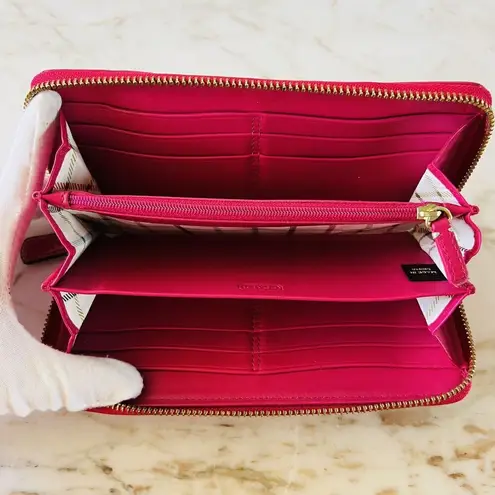 Coach  Heritage Khaki Pink Stripe Accordion Zip Wallet In Signature Canvas