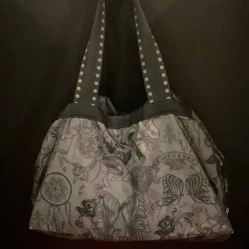 LeSportsac A Large Soft Gray/Black No Regrets Print Large Nylon Handbag