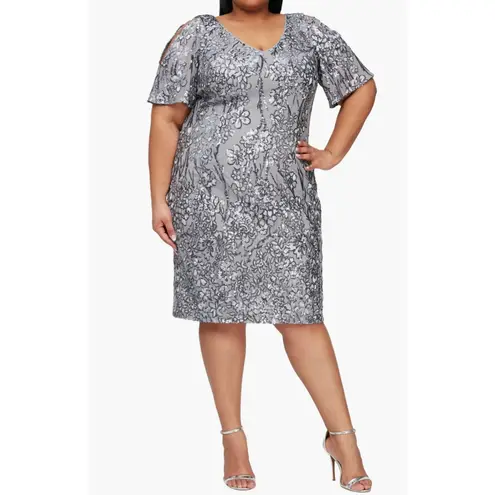 Alex Evenings Sequined Cocktail Dress Size 14W Silver Short Sleeve V-Neck Sheath - Image 10