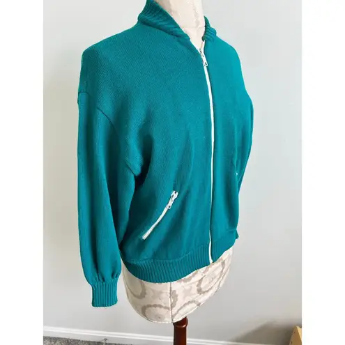 Vintage Teal Full Zip Long Sleeve Knit Sweater Jacket Small Green