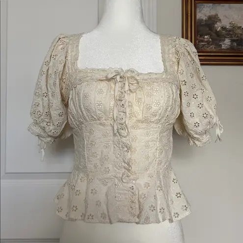 DOEN 🏹Docia Top Nutmilk EUC Cream eyelet puff sleeve top bow ribbon size small White