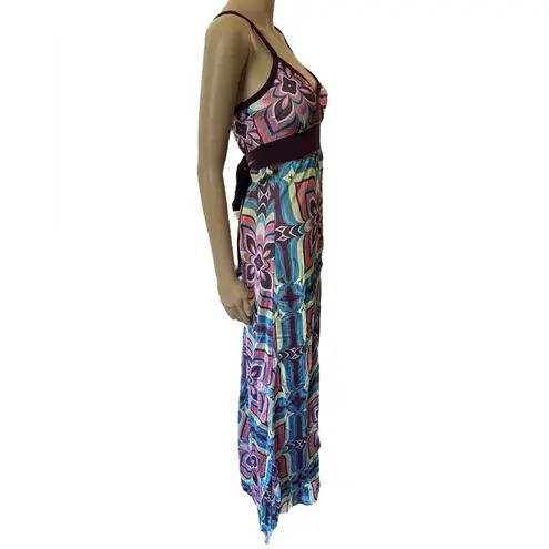 Volume One Y2K Hippie Psychedelic Eclectic Mosaic Floral Silky Satin Maxi Dress