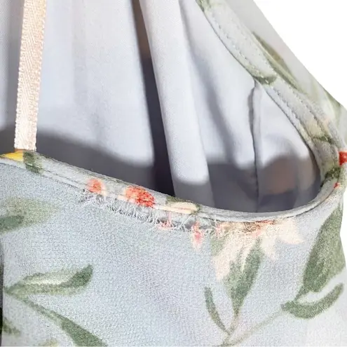 Gal Meets Glam Ella Halter Open Back Ruffle Maxi Dress Blue Floral Print Size 16