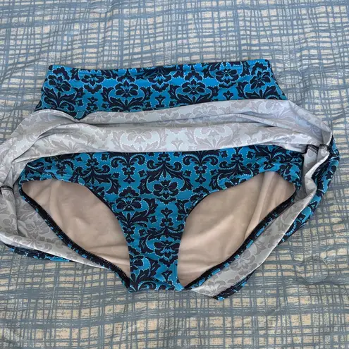 Lands End Tankini and Navy Patterned High Waisted Women's Swim Skirt Plus 14W L Blue