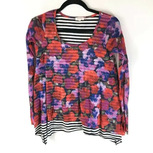 Weston Womens Top Blouse Handkerchief Hem Floral Sheer Overlay Striped Red S