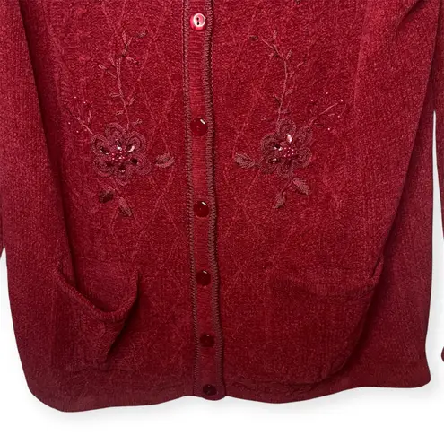 Jenny Red Floral Embroidered Button Up Cardigan Sweater Grandmacore Size Medium