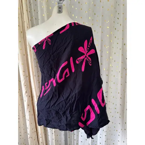 Nahe Wahine Black Pink Flowy One Shoulder Batwing Waterfall Sleeve Blouse XS