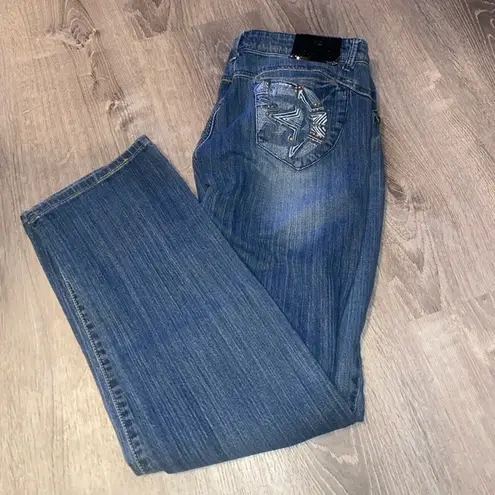 Ecko Red Denim Size 11 waist 32 Rhino Logo Rhinestone Pockets. Blue