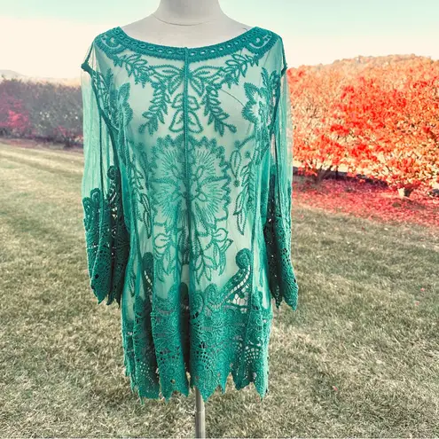 Ultra Pink Green Mesh Crochet Embroidery Top