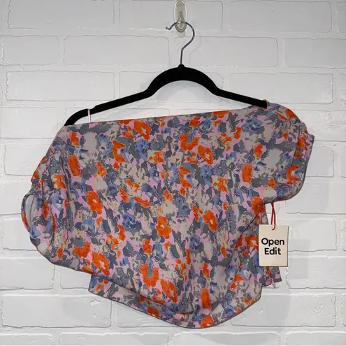Open Edit NEW Asymmetrical Off-Shoulder Blouse in Pink Sky Floral