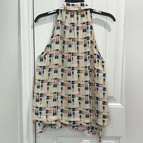 Maeve (Anthropologie) Lipstick Print Halter Blouse - Cream and Blue Size 6
