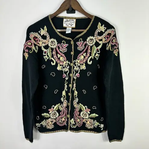 Heirloom Collectibles Floral Embroidered Cardigan Sweater Small Black Whimsical