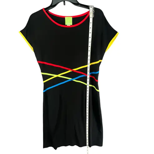 Citrine Shift Dress Women 12 Black Cap Sleeve Colorful Stripes Stretch Mod Retro