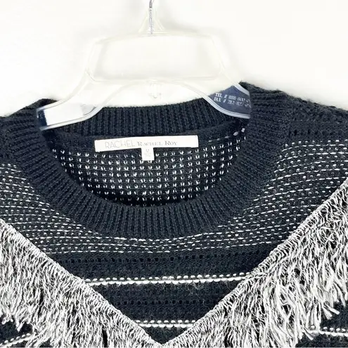 RACHEL RACHEL ROY Black Fringed Striped Long Sleeves Sweater, Size Medium