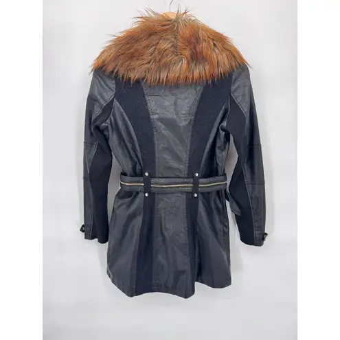 River Island Moto Jacket Womens 6 Black Faux Leather Faux Fur Trim Belt Pockets