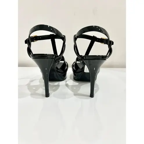 YSL Yves Saint Laurent Tribute Patent Leather Ankle Strap Platform Sandals Black 37