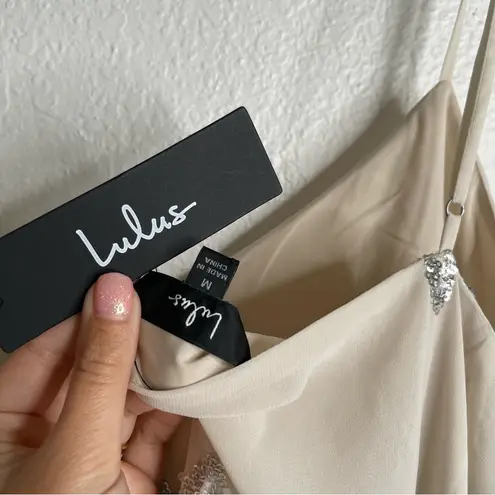 Lulus Elevated Approach Neutral Beaded Sequin Floral Shift Mini Dress Medium