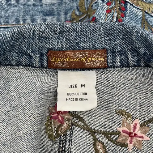 Department Of Peace Western Light Wash Denim Embroidered Floral V Neck Sleeveless Button Up Vest Top