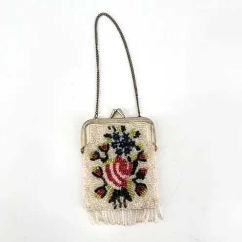 Vintage Women's Floral Beaded Fringe Chain Strap Mini Purse Multicolor