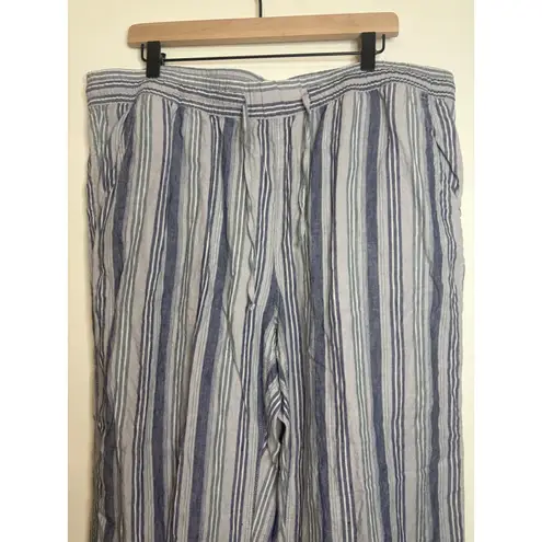 L.L. Bean 100% Linen Pants 18W Blue Striped Elastic Waist Wide Leg Pull On