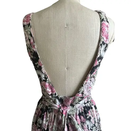 Vintage 90s Eileen West Dark Floral Roses Backless Midi Cotton Dress Size Medium Black
