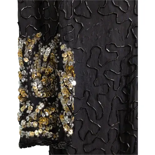 Scala Black Silk Sequin Embellished Long Sleeve Evening Gown Dress Size PL