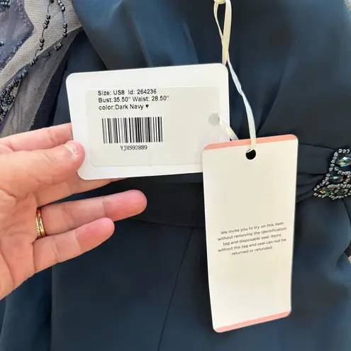 JJ's House JJ’s House Dark Navy Evening Gown Size 8 Beaded Sleeve Floor Length Formal Dress