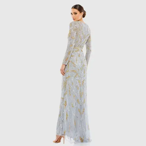 Mac Duggal Gray Beaded Long Sleeve Evening Gown in Platinum Gold 8