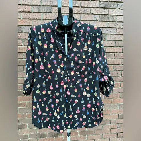 Cal Style Hot Air Balloon Black All Over Print Blouse Roll Tab Sleeve Large