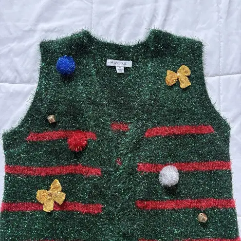 99 Jane Street Christmas Cardigan Womens Medium Green Open Front Holiday Vest