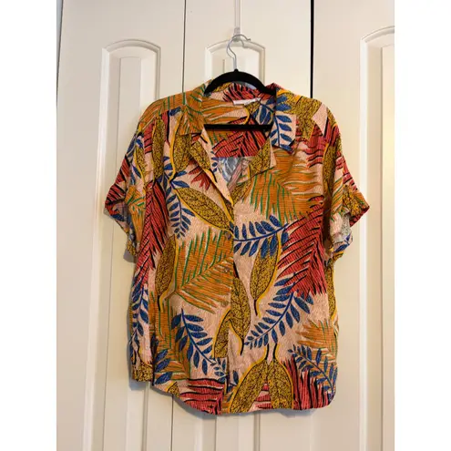 Jane + Delancy Tropical Leaf Print Button Up Shirt 1X Orange