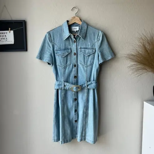 Nanushka Dress Denim Short Sleeve 80s Wash Blue Belted Mini Dress M Size M