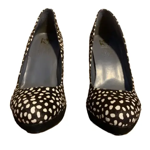 MRKT BROWN, BLACK & WHITE DOTTED CALF HAIR PUMPS (8.5)