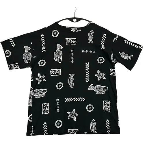 Vintageā Women's Tropical Print Black T Shirt Oversized Crew Neck Beach One Size Size undefined