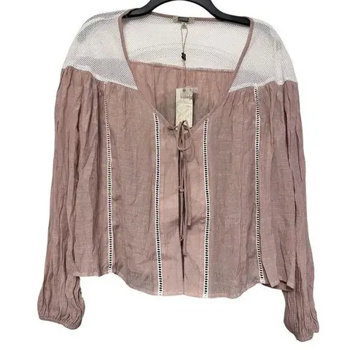 Gimmicks by BKE Gimmicks By Buckle Blouse Shirt Top Womens Size Small Crochet Boho Lace Up Tan