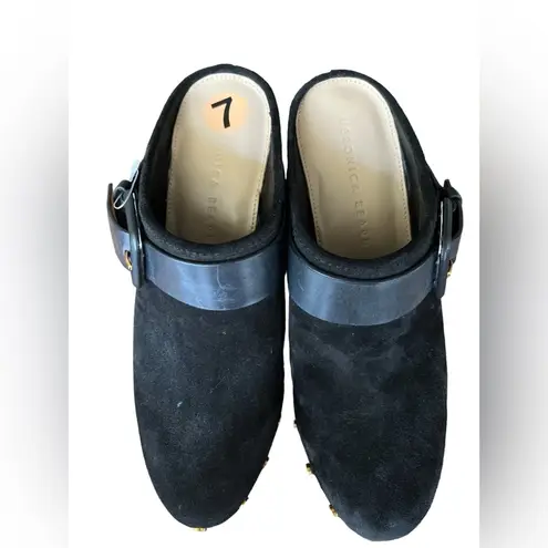 Veronica Beard Black Dacey Suede Heeled Clogs Size 7 Leather Boho Mules