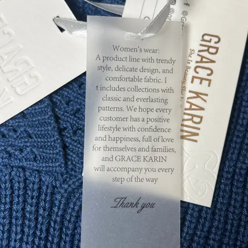 Grace Karin Blue Knit Split-Neck Pullover Sweater Women's M NWT