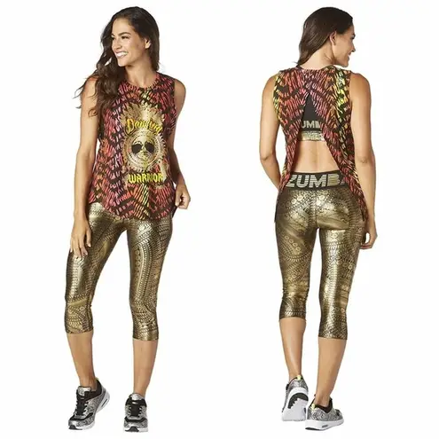 Zumba • All Night Metallic Capri Leggings cropped gold foil medallion print