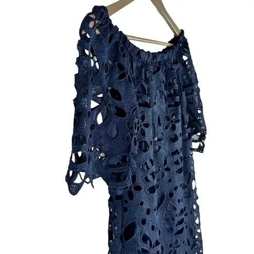 Women's | Pretty Garden | Navy Blue Off Shoulder Floral Lace Mini Dress - Small