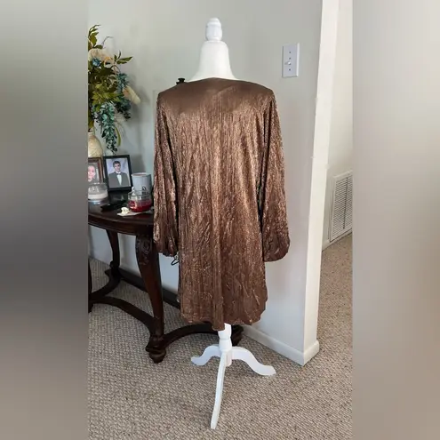 Adrienne Adriane Metallic Bronze Pleated V-Neck Dress Size M Made in USA