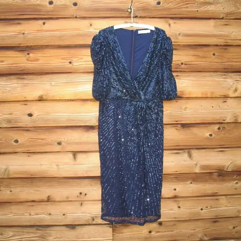 Mac Duggal 5578 Sequined V Neck Short Puff Sleeve Midi Dress Blue Size 14